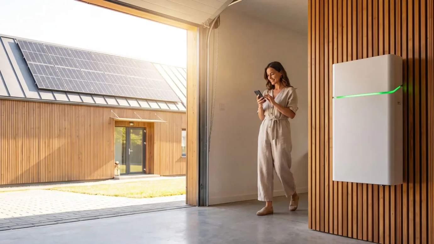 Moteris namų garaže prie sieninio elektros energijos kaupiklio, fone namas su saulės elektrine ant stogo